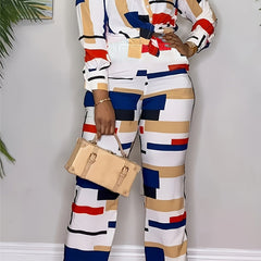 Geometric Print Button Up Blouse & Pants Set