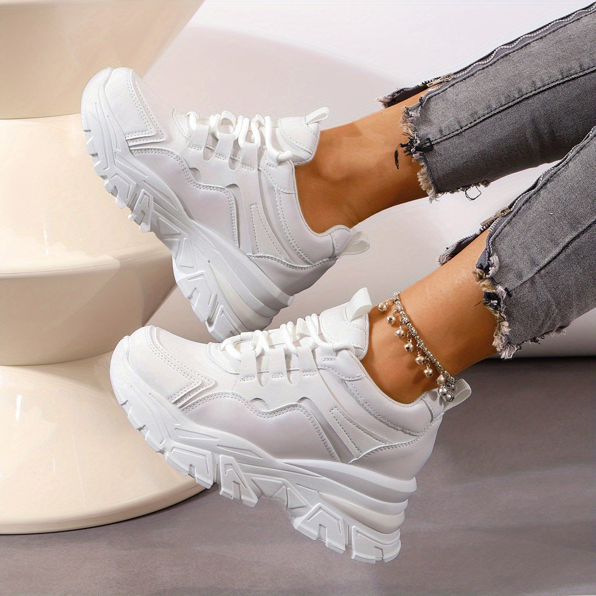 Thick Sole Shock Absorption Sports Sneakers, Inner Heighten Casual Walking Shoes