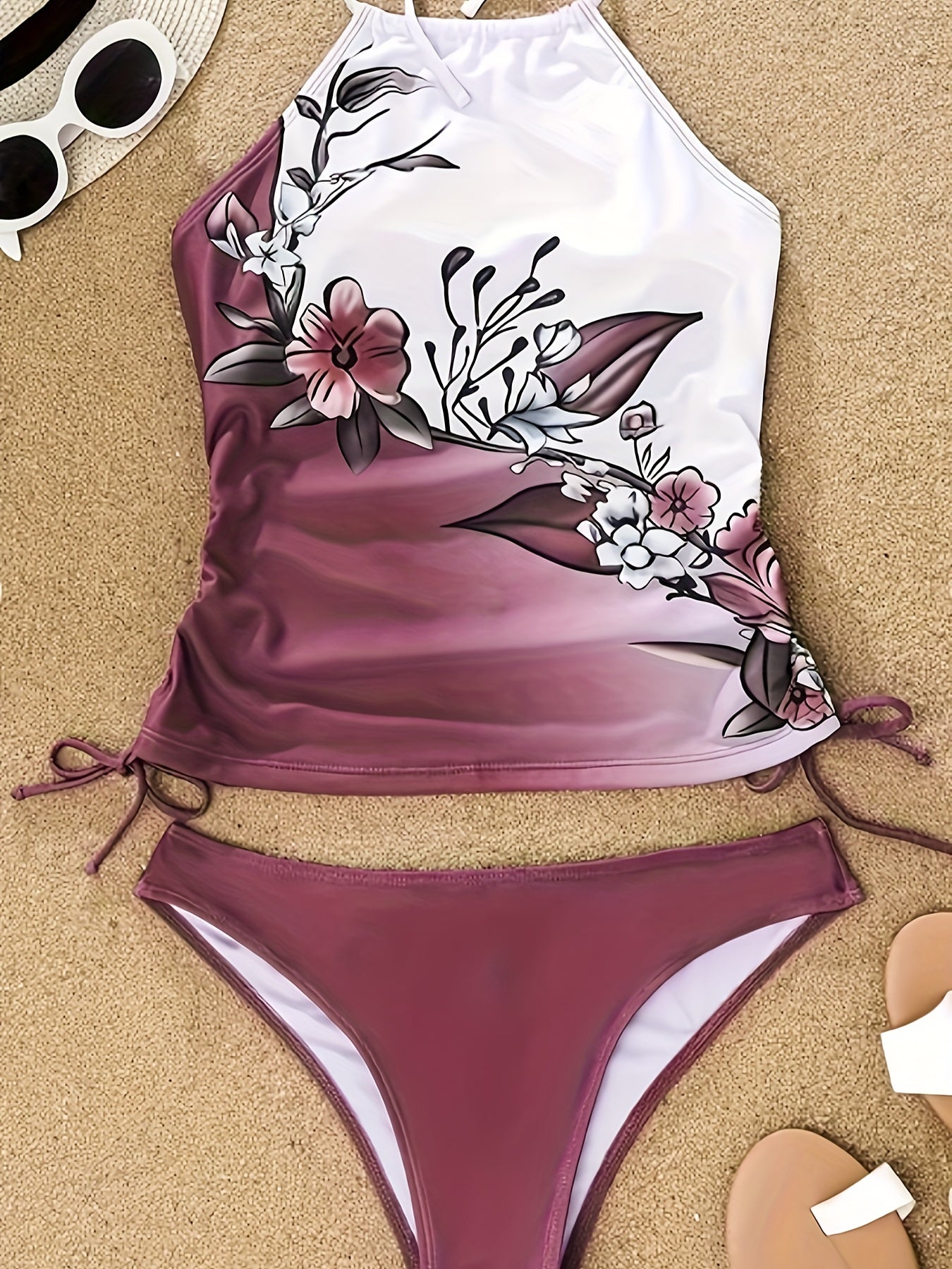 Colorblock Floral Print Tankini Set