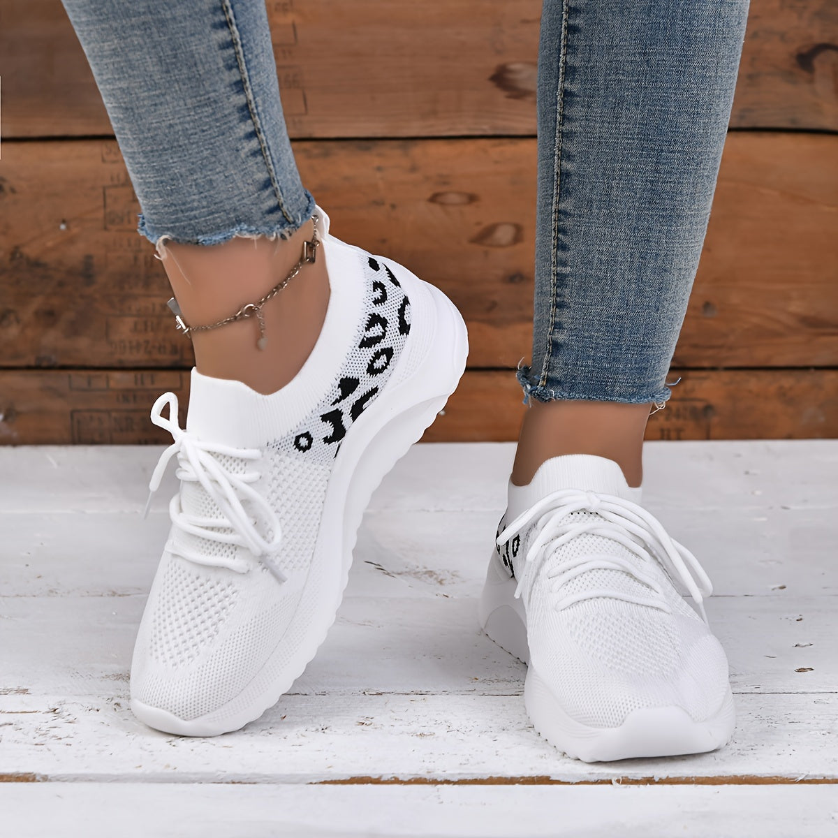 Leopard Print Knit Socks Sneakers Soft Sole Casual Running Shoes