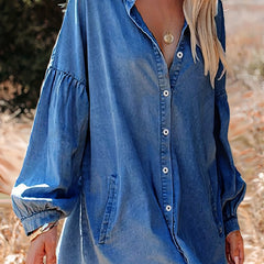 Denim Dress Button Up Collar Lantern Sleeve Loose Fit Mini
