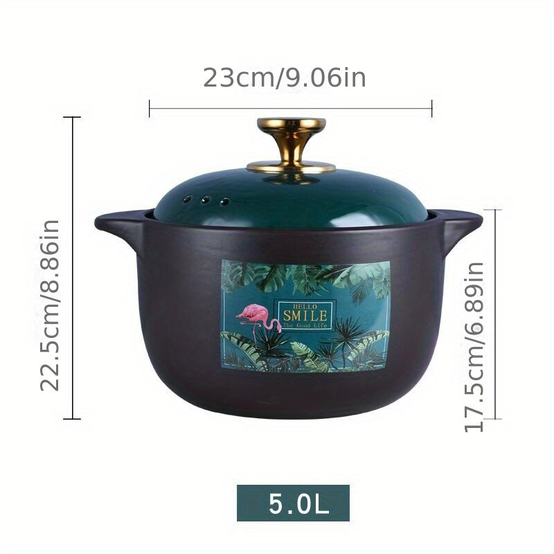 Flamingo Leaf Pattern Porcelain Stockpot Heat Resistant Cooking Pot
