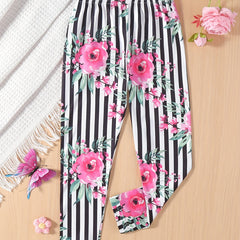 Girls' Floral Stripe Print Casual Pants Leggings Ankle Length