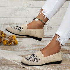 Leopard Print Flat Shoes Breathable Knit Slip On Lightweight Round Toe Shoes
