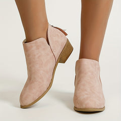 Women's Low Heel Ankle Boots V Cut Zipper Stacked Heel Short Boots