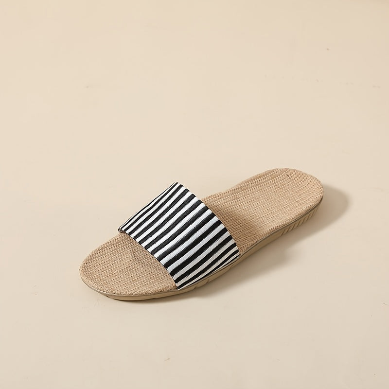 Women's Striped Print Flat Slippers Open Toe Flax Sole Anti slip Lightweight