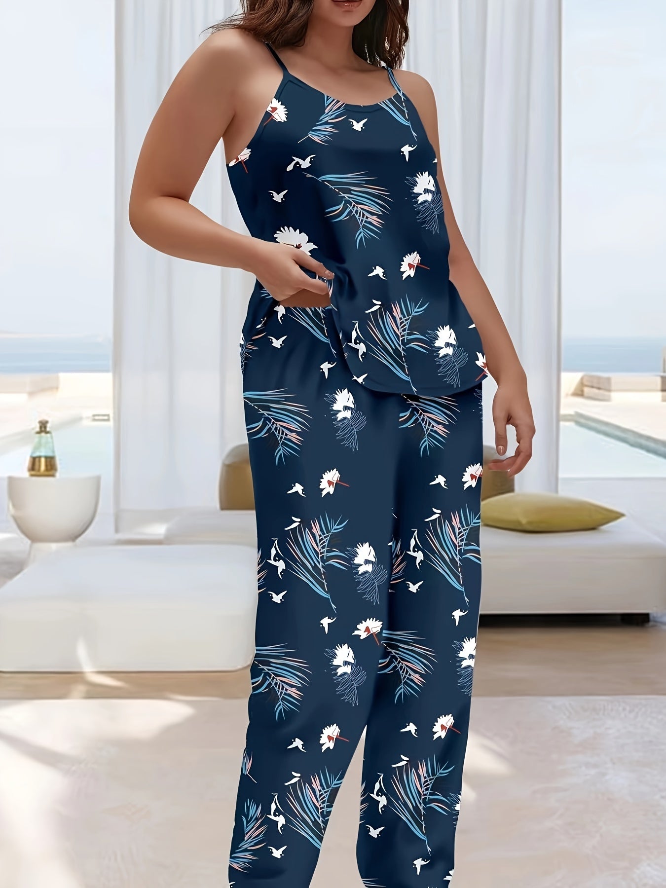 Tropical Print Pajamas Set Women's Round Neck Cami Top & Wide Leg Pant