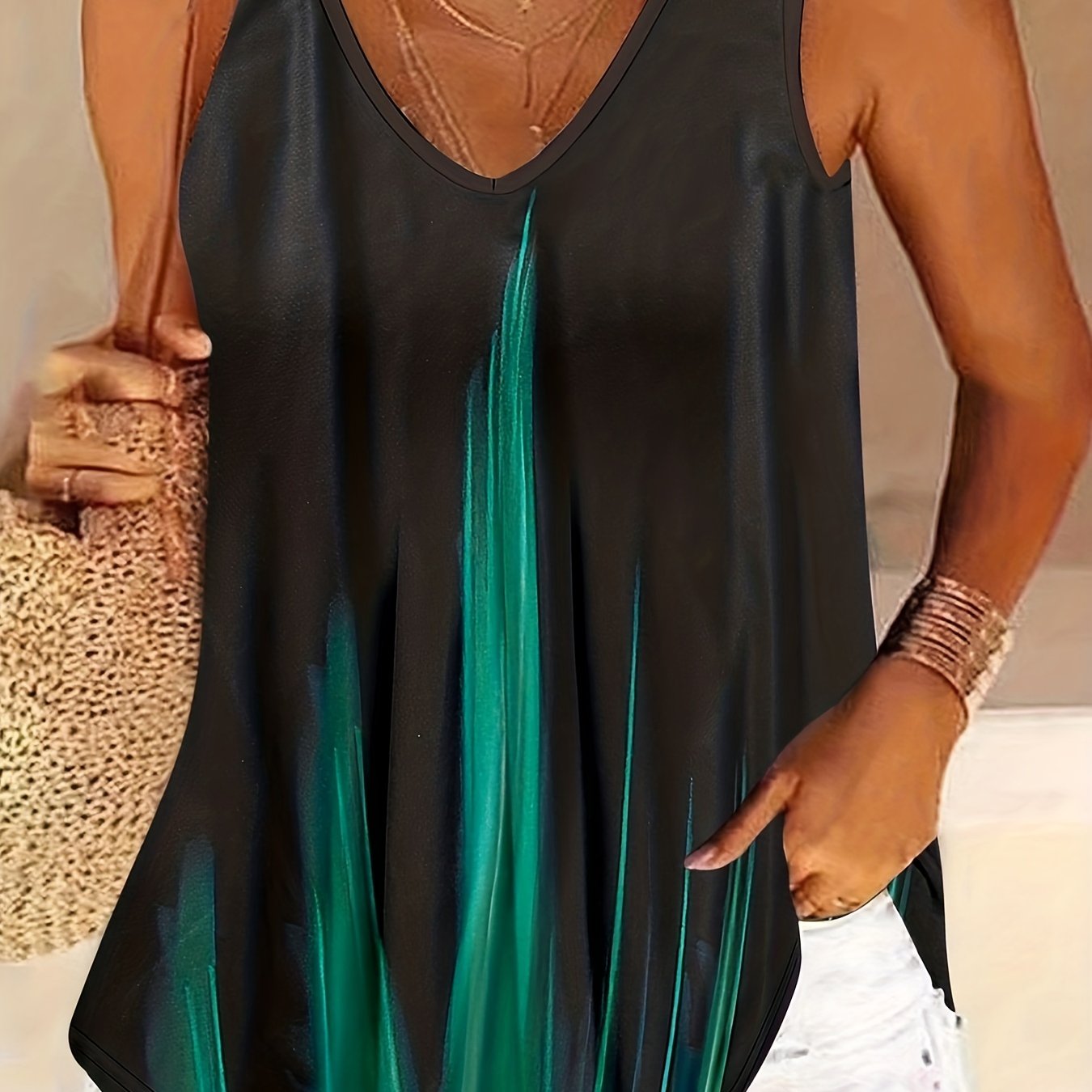 Colorblock Print Tank Top V Neck Summer Sleeveless Casual Top