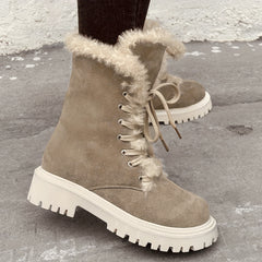 Women's Chunky Heel Plush Boots Lace Up Outdoor Boots