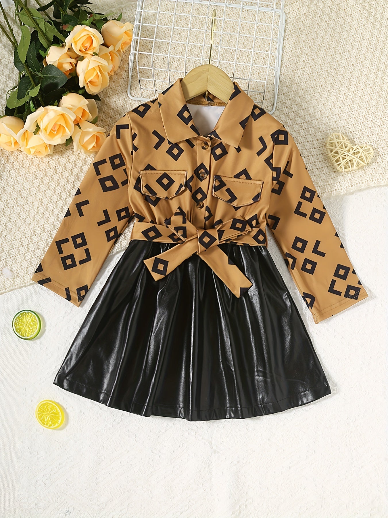 Kid Girl's Geo Print LS Shirt Leather Skirt Dress Outfit