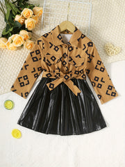 Kid Girl's Geo Print LS Shirt Leather Skirt Dress Outfit