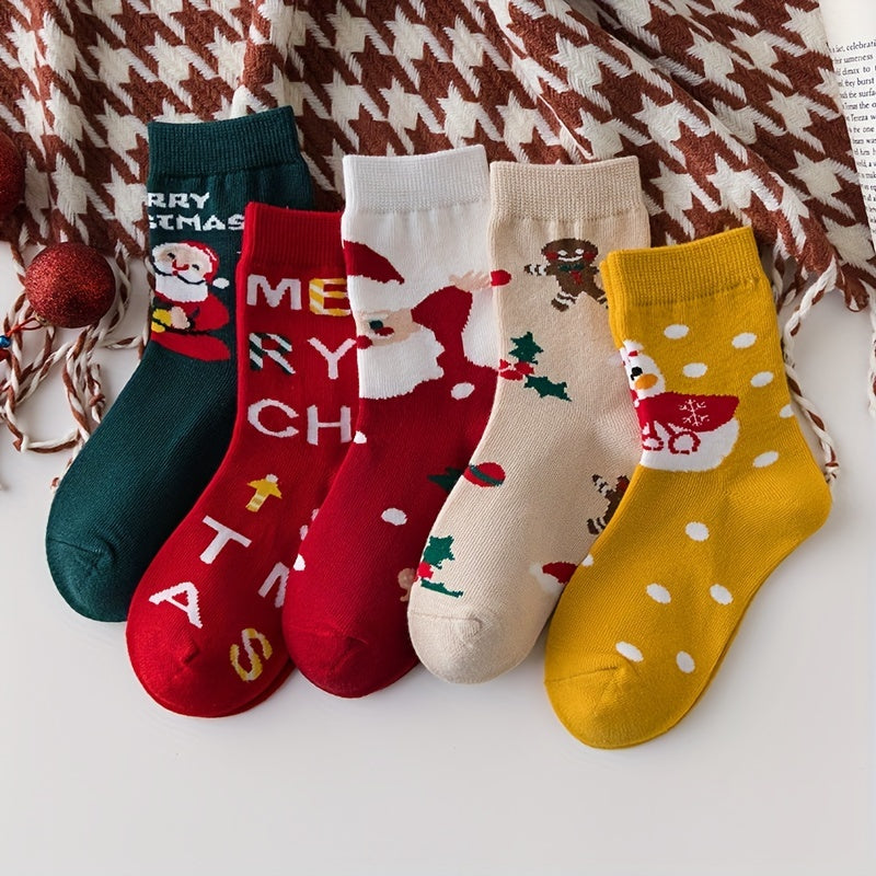 5Pairs Kids Christmas Crew Socks Cotton Blend Cartoon Snowman Design
