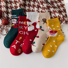 5Pairs Kids Christmas Crew Socks Cotton Blend Cartoon Snowman Design