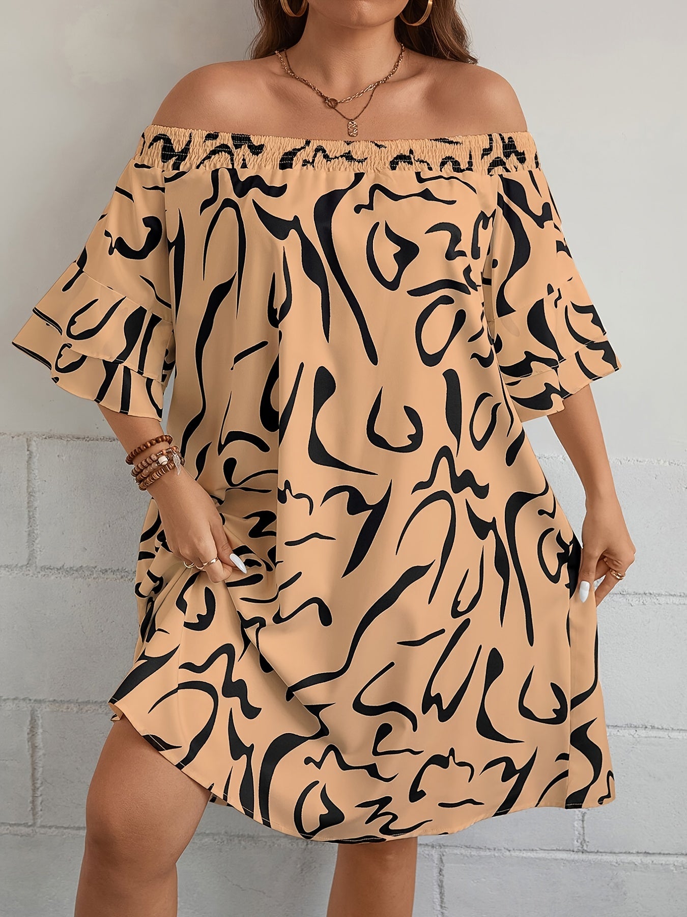 Graffiti Print Off Shoulder Bell Sleeve Dress