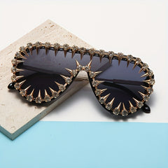 Flat Top Shield Sunglasses Tinted Lens Rivet & Rhinestone Decor UV400