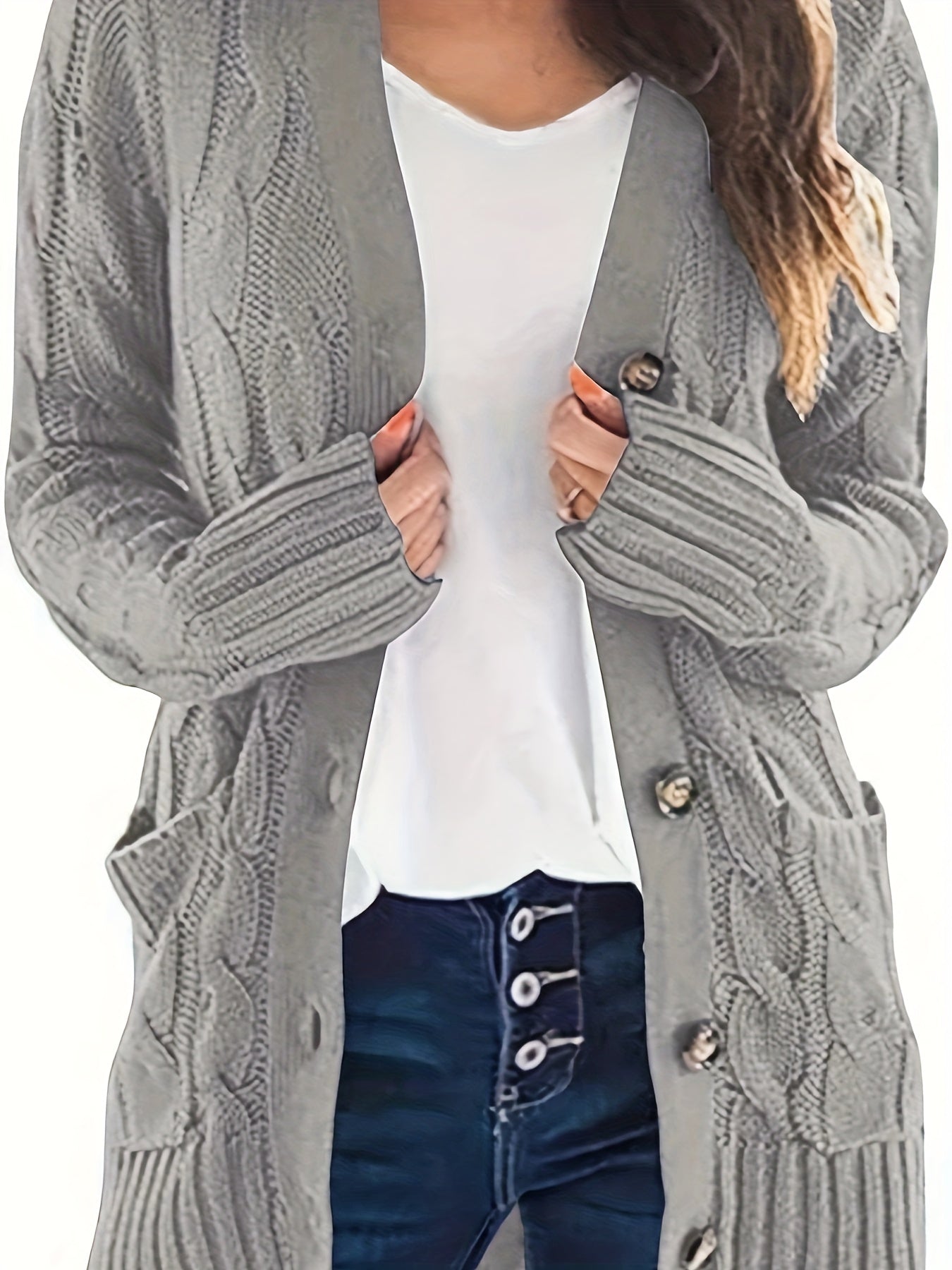 Cable Knit Button Up Cardigan with Pockets