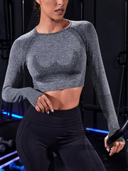 Seamless Cropped Long Sleeve Workout Top for Women - Yoga Fitness Running