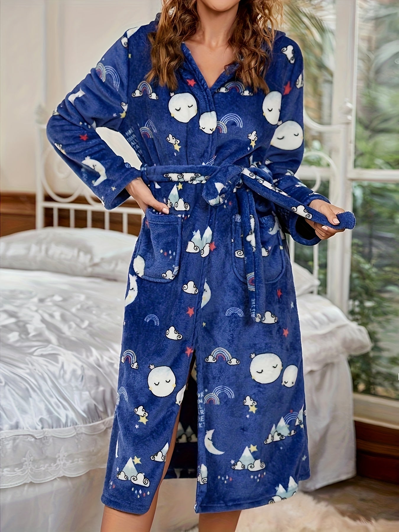 Cartoon Print Hooded Lounge Robes with Pockets Women's Loungewear