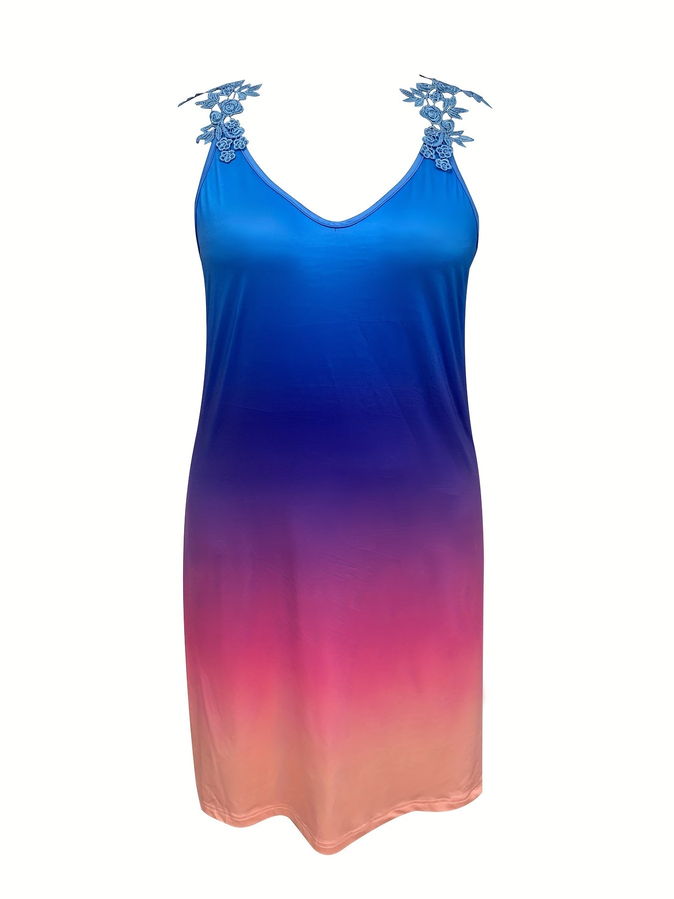 Plus Ombre Print Lace Panel V-Neck Stretch Summer Dress