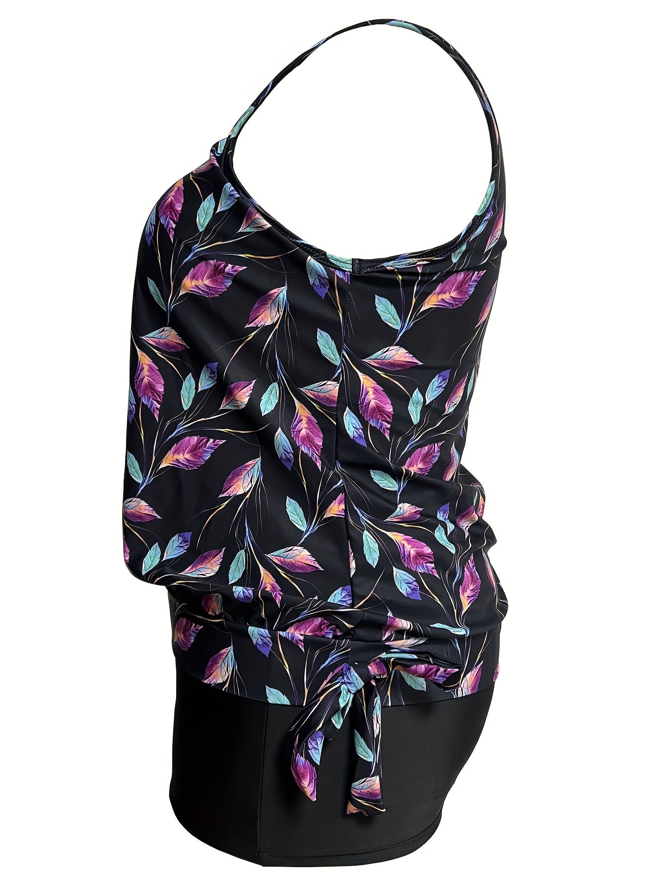 Modest Tankini Set Leaf Print Tie Side Tank Top & Shorts