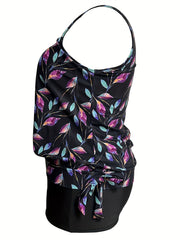 Modest Tankini Set Leaf Print Tie Side Tank Top & Shorts