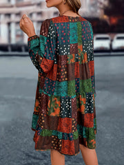 Boho Patchwork Print Lantern Sleeve Round Neck Loose Fit Mini Dress