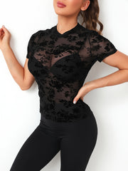 Flower Mesh Round Neck Sports T shirt Breathable Bodycon Short Sleeve Top