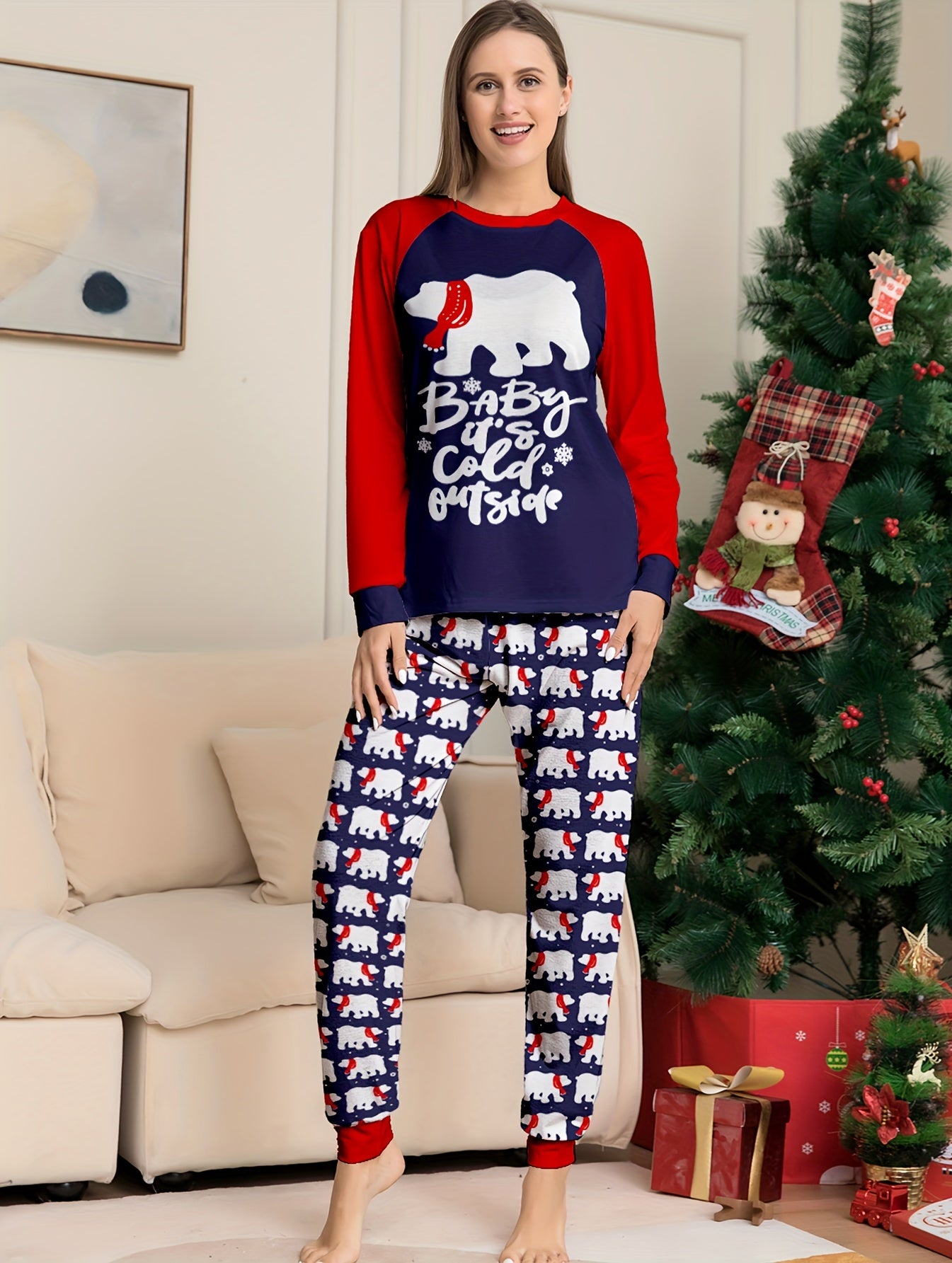 Bear & Letter Print Pajama Set Christmas Long Sleeve Top & Pants
