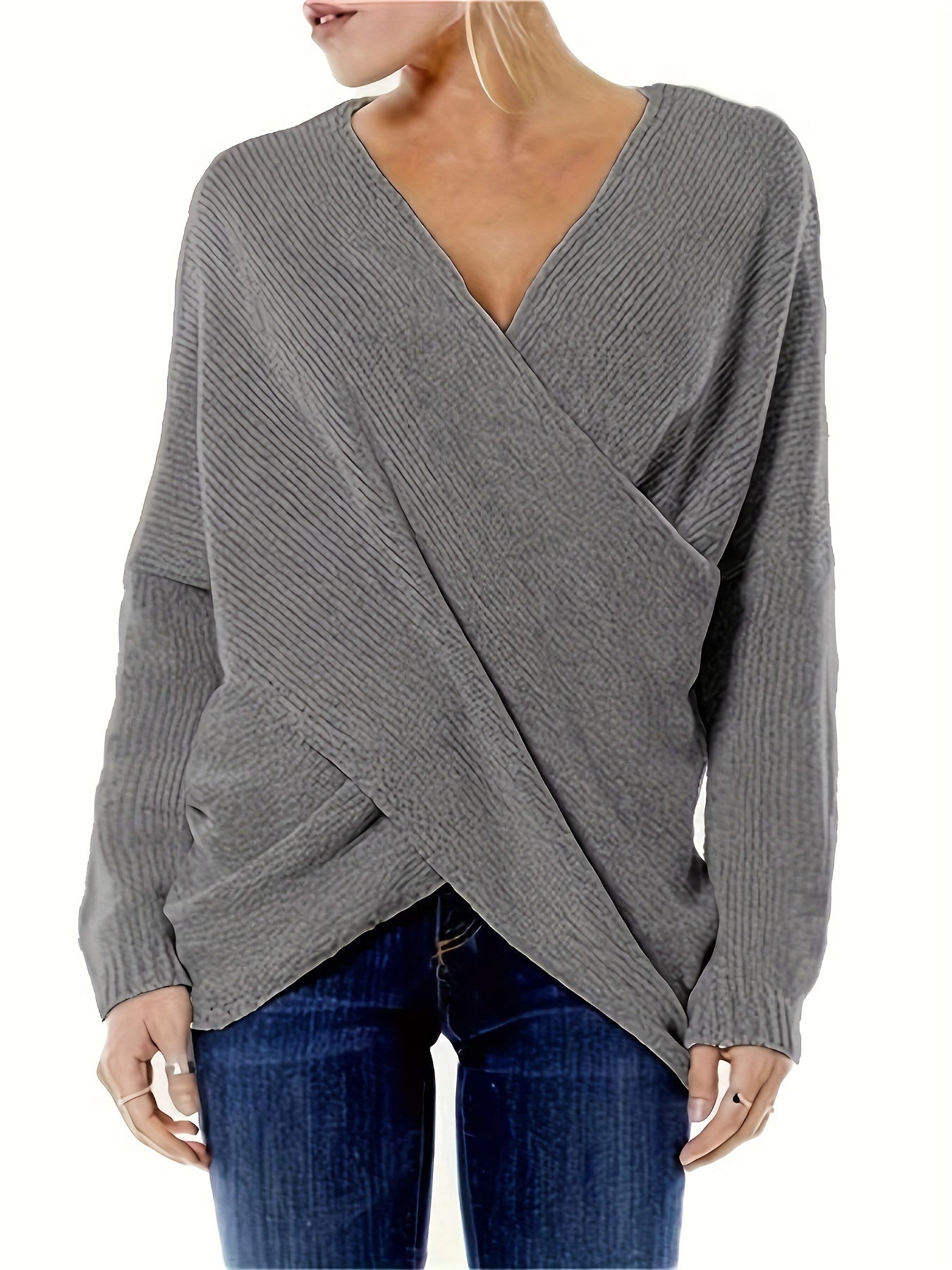 Solid Long Sleeve Sweater with Surplice Neck