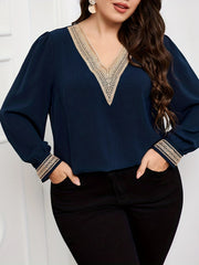 Colorblock Lace Panel Lantern Sleeve Blouse