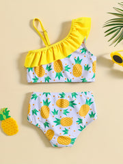 Girls One Shoulder Ruffled Top & Pineapple Graphic Shorts Swimsuit Set