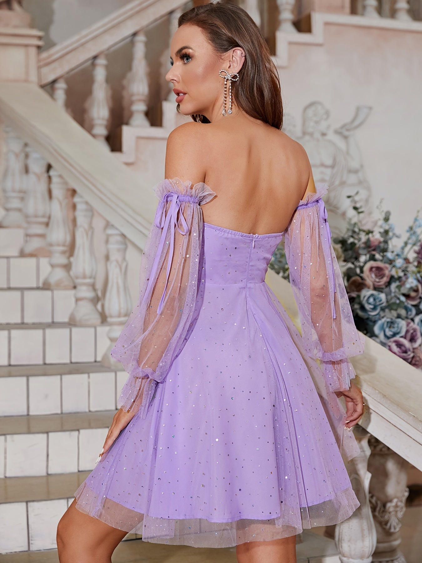 Off Shoulder Flounce Sleeve Mesh Dress