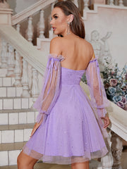 Off Shoulder Flounce Sleeve Mesh Dress