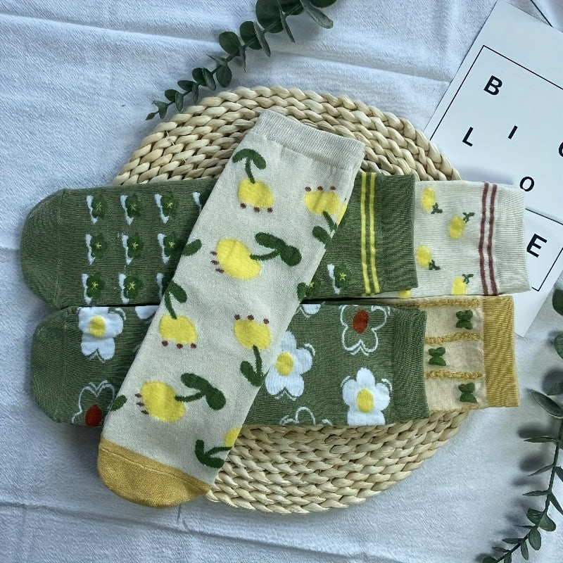 5 Pairs Floral Print Socks Comfy & Breathable Women's Stockings