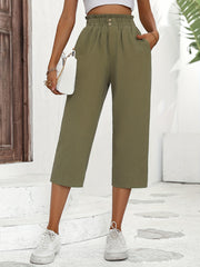 Buttoned Wide Leg Elastic Waist Pants Solid Color