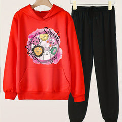 2pcs Cartoon Animal Girls Hoodie & Solid Sweatpants Set