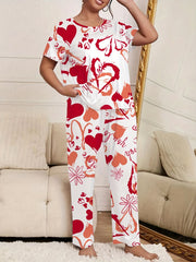 Graffiti Heart Print Pajama Set Short Sleeve Tee & Pants