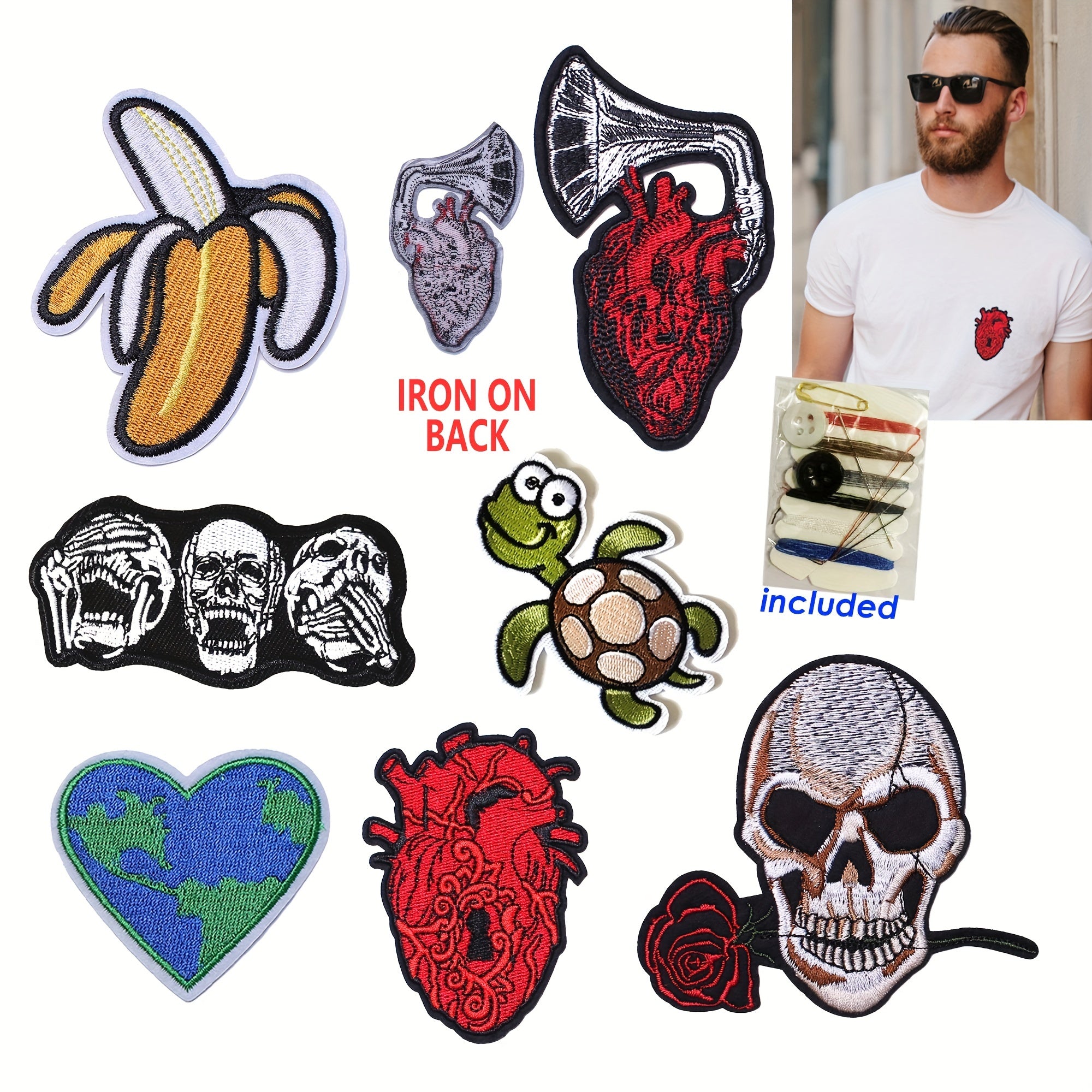 JCarp 5PCS Iron On 3D Patches Beating Heart Skulls and Rose Earth Turtle