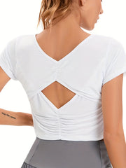 Solid Argyle Pleated Yoga Top with Hollow Back