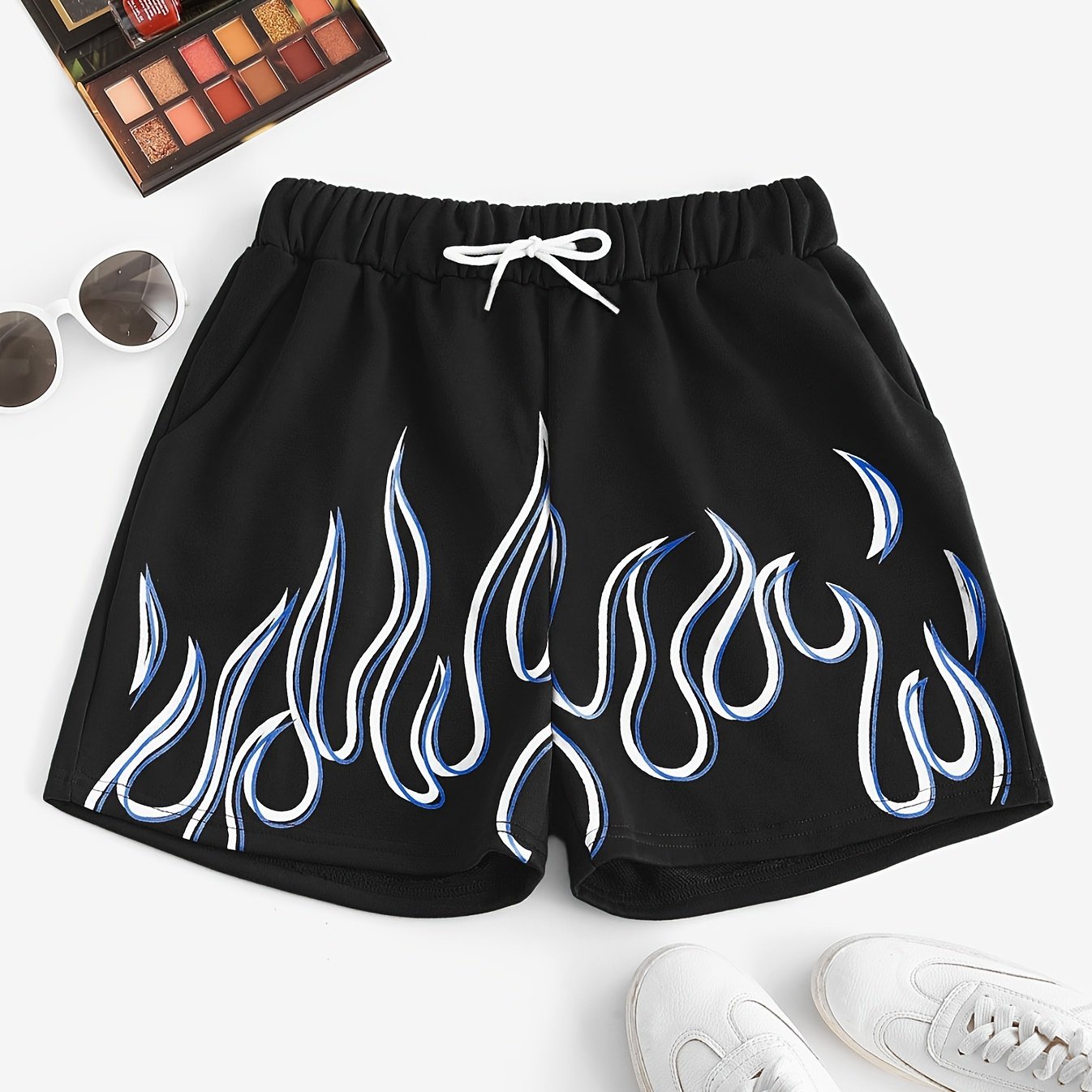 Flame Print Drawstring Shorts Elastic Waist Casual Summer Clothing