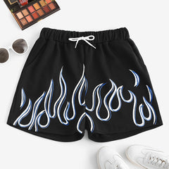 Flame Print Drawstring Shorts Elastic Waist Casual Summer Clothing