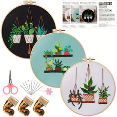 3pcs Green Plants Cactus Embroidery Kit with Hoop 20.07cm