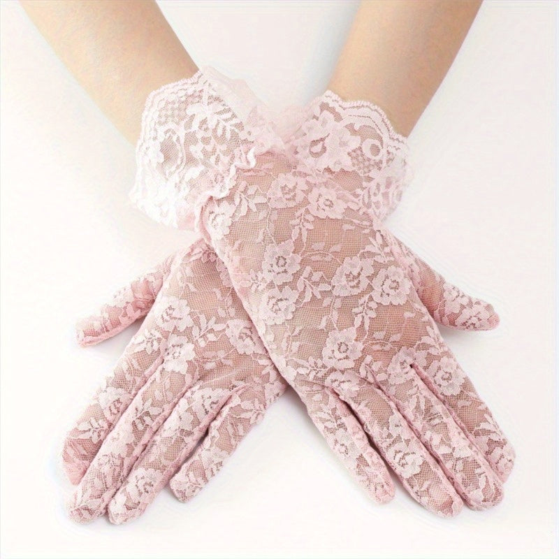 3 Pairs Women's Pink Floral Lace Wedding Gloves Long Sleeve Sun Protection