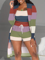 Casual 3 Piece Set Open Front Cardigan Cami Top Drawstring Shorts