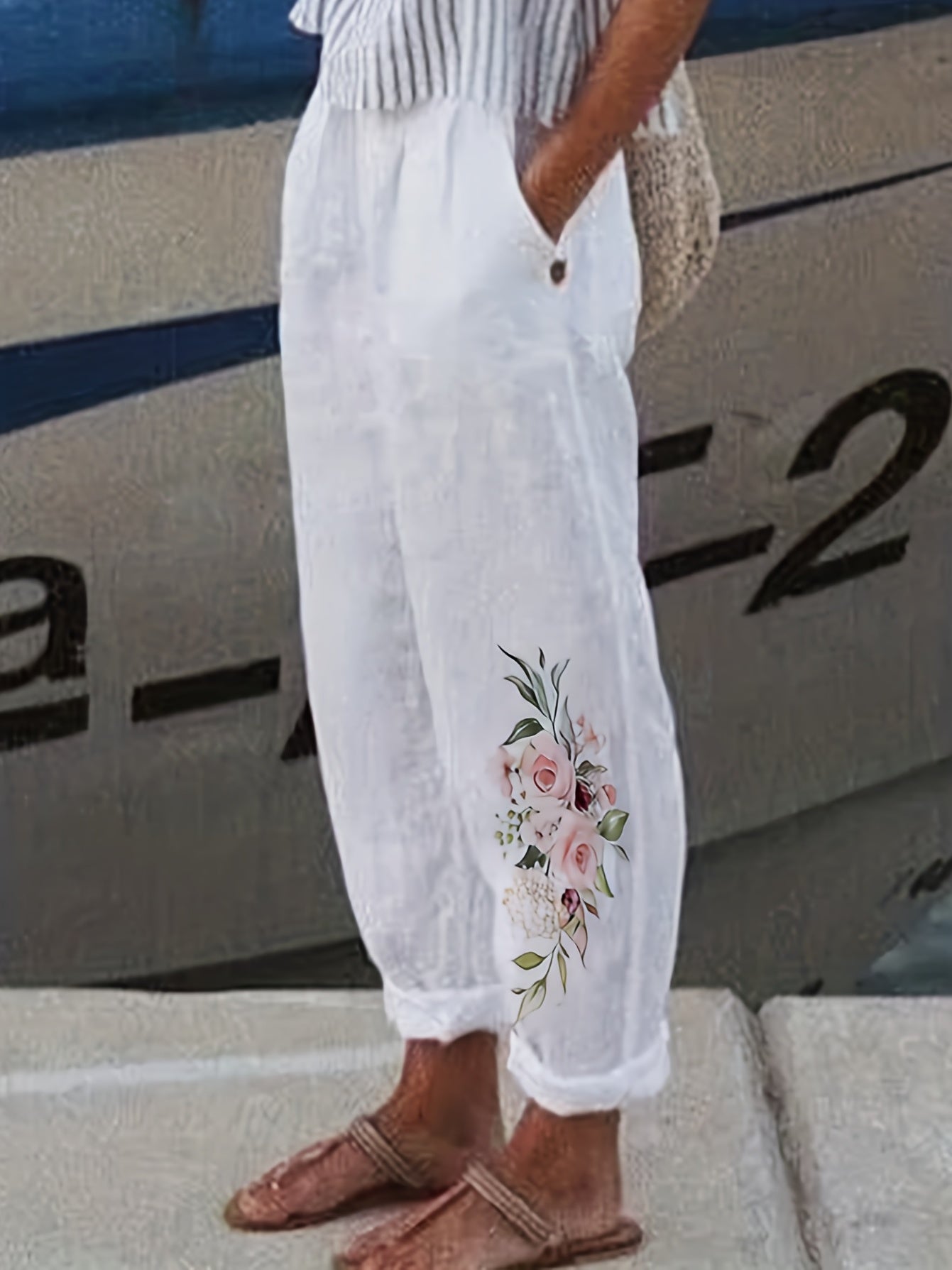 Floral Print Wide Leg Pants Dual Pockets Spring & Summer Women's Clothing