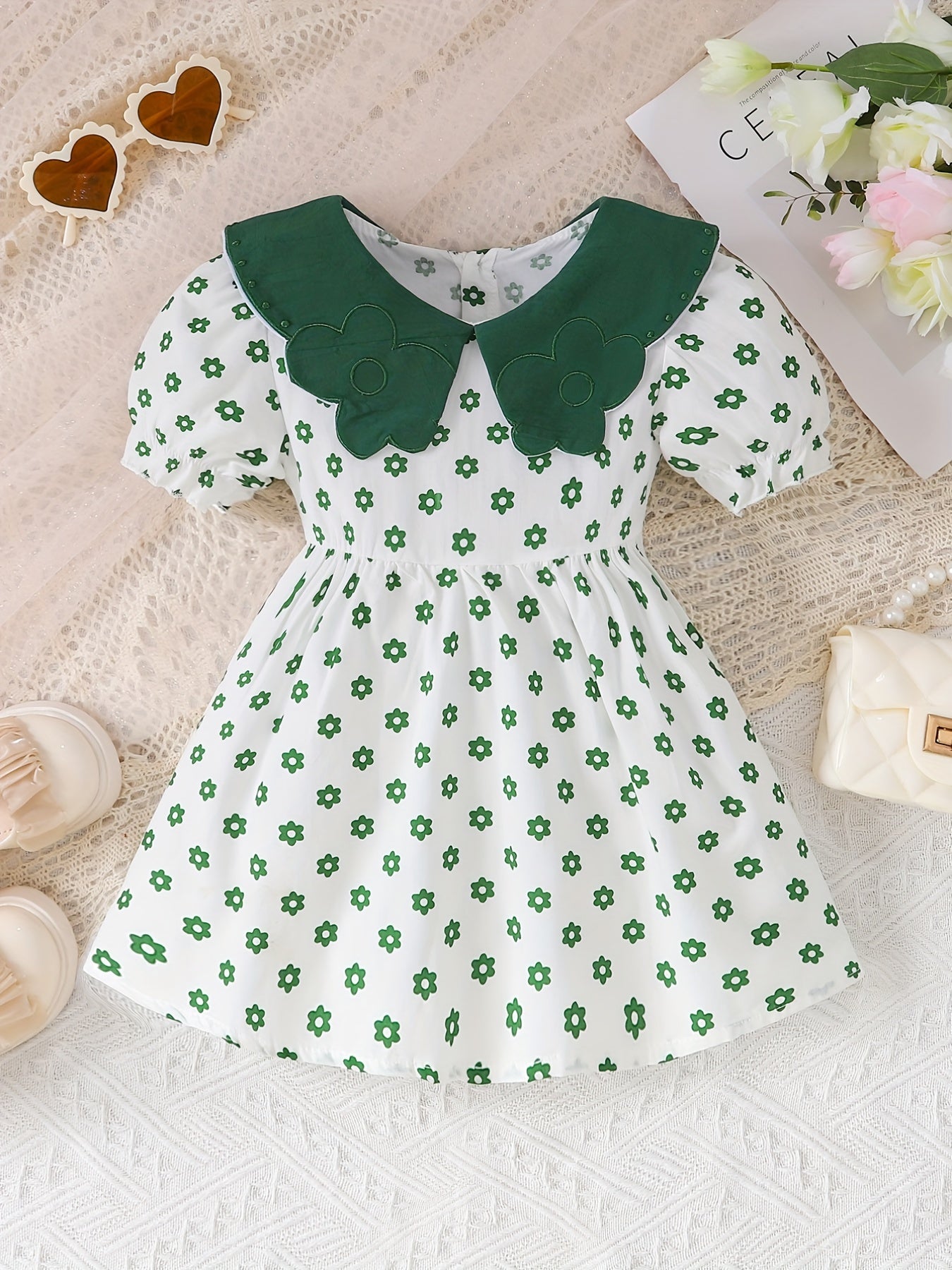 Baby Girls Doll Collar Short Sleeve Dress Floral Print Tunic Dress