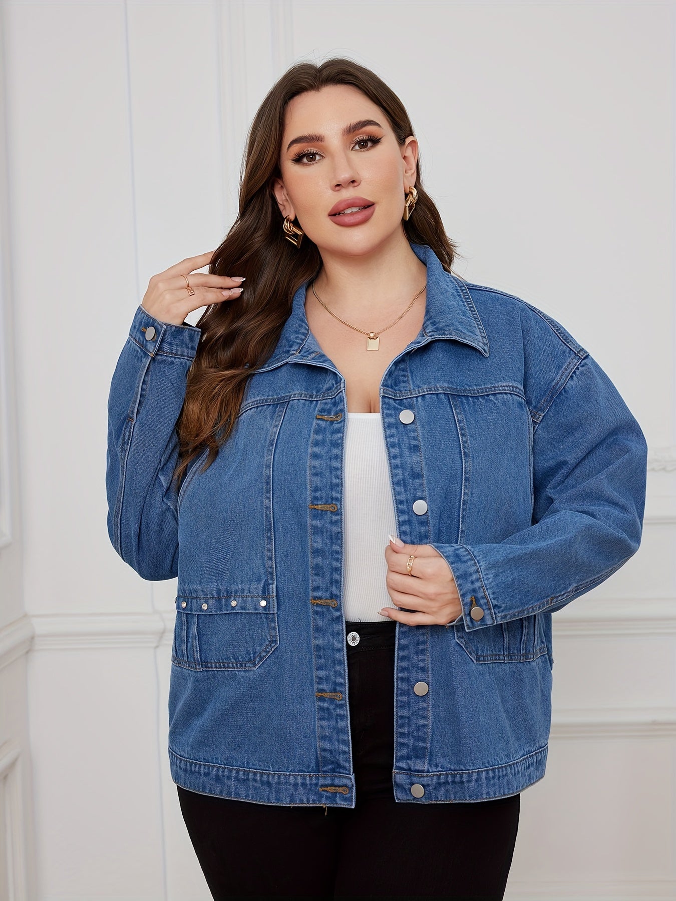 Denim Top Women's Solid Pipping Button Up Long Sleeve Jacket