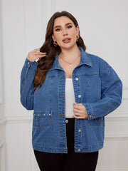 Denim Top Women's Solid Pipping Button Up Long Sleeve Jacket