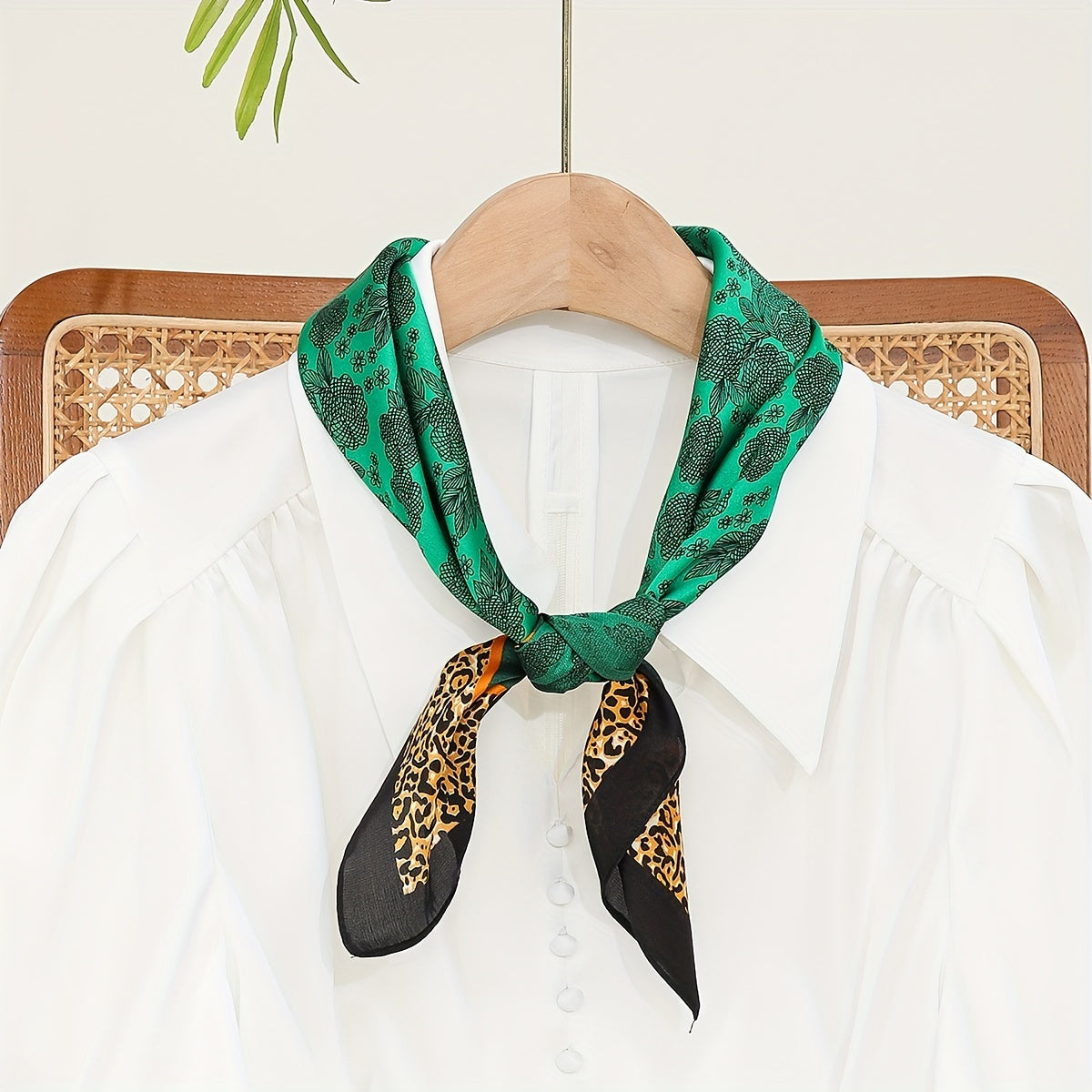 Green Leopard Print Bandana Satin Square Scarf