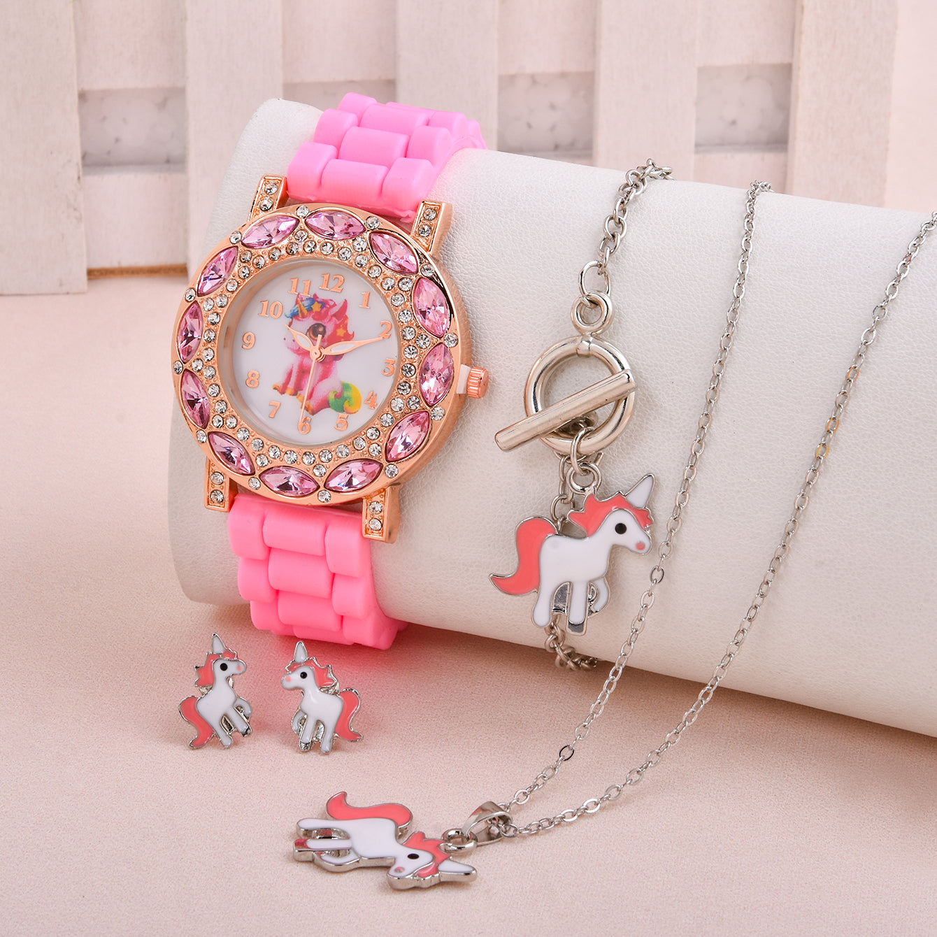 Unicorn Watch Necklace Earrings Set for Girls